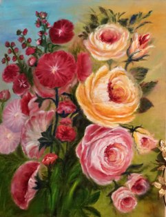 Lucy's Painting of Hollyhocks and Roses